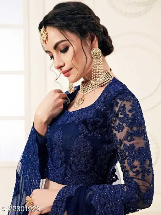 Embroidered net lehenga-choli set, India-origin, semi-stitched (42m waist, 42m length, 2.25m dupatta), featuring chain embroidery