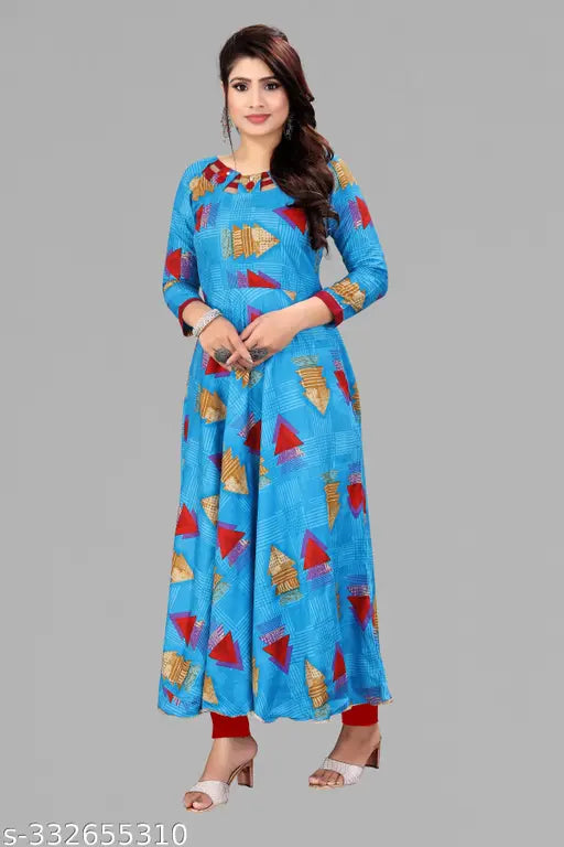 Blue and red anarkali kameez with long, full flares