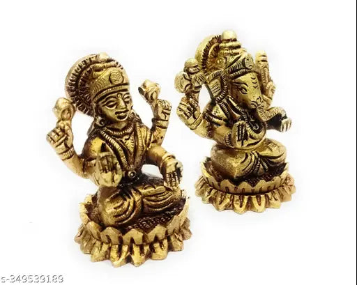 Brass Kamal Ganesh-Lakshmi statue, intricately designed Indian deity idol (400gm)