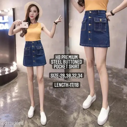 Dark blue denim steel-buttoned skirt, high-quality, perfect for casual wear