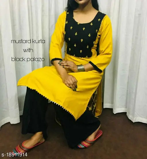 Rayon slub embroidered kurta set with palazzos, three-quarter sleeves, Indian handcrafted embroidery on women's fashion