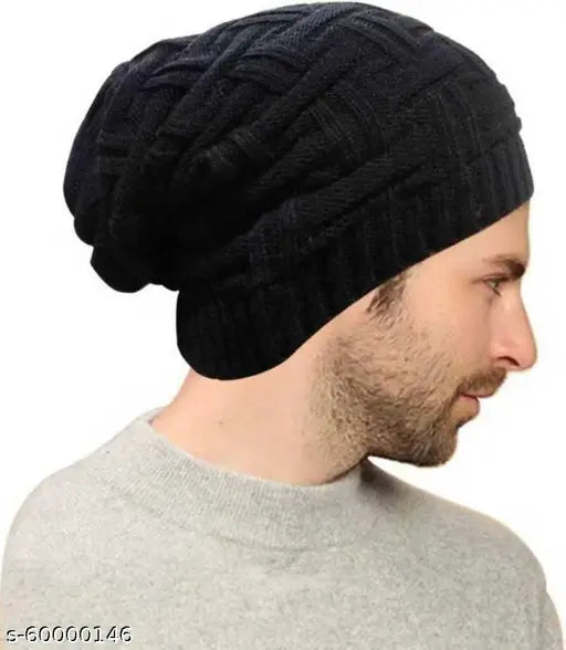 Stylish wool beanie cap for men, solid design in free size, handcrafted from India