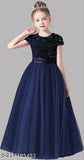 Blue sequin net party gown for girls, embroidered with short sleeves. Soft velvet lining, perfect for western wear aged 5-16 years. Dry clean only