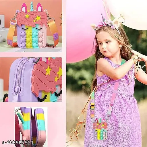 Purple silicone unicorn sling bag, zipper closure, adjustable shoulder strap, small travel pouch