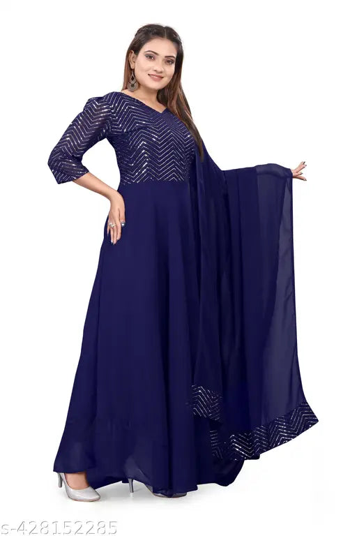 Embellished net Georgette Anarkali dress with three-quarter sleeves, Indian made with squance work embroidery, available in S, M, L, XL, XXL, XXXL sizes