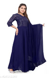 Embellished net Georgette Anarkali dress with three-quarter sleeves, Indian made with squance work embroidery, available in S, M, L, XL, XXL, XXXL sizes