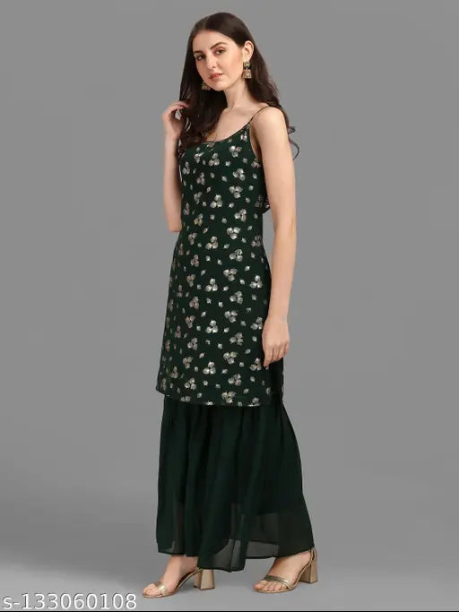 Georgette Georgette Jivika Graceful women's kurta set with gharara bottomwear, sleeveless, printed net design, single size XXL (34in waist, 38in length), Indian origin
