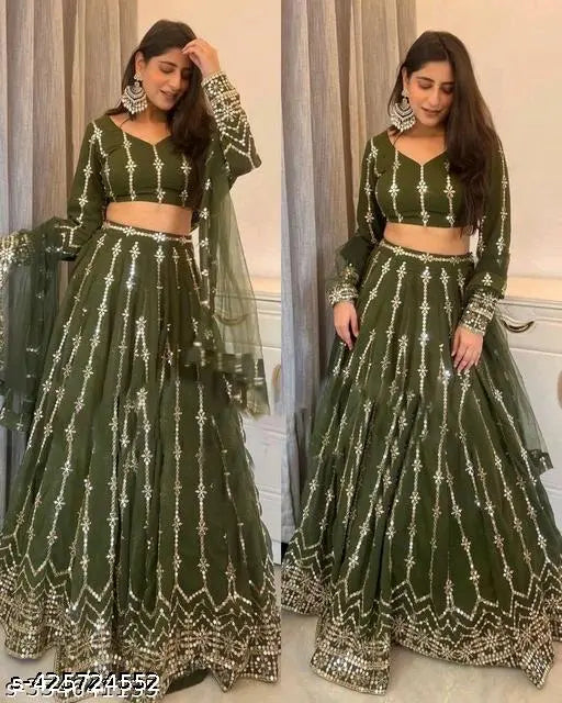 Embroidered georgette lehenga choli and net dupatta set for women, semi-stitched (43in waist, 43in length), Indian origin