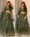 Embroidered georgette lehenga choli and net dupatta set for women, semi-stitched (43in waist, 43in length), Indian origin
