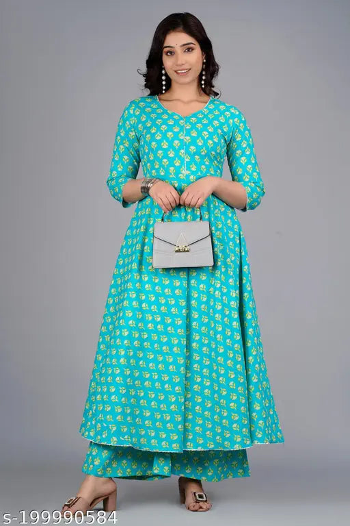 Women's cotton rayon Kurta and Palazzo set with printed net pattern, available in M, L, XL, XXL, XXXL