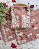 Rayon embroidered kurta and palazzo set, Indian traditional Chikankari on display
