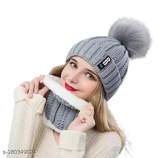 Soft acrylic cap with fur lining, winter trendy scarf, women's fashionable accessories