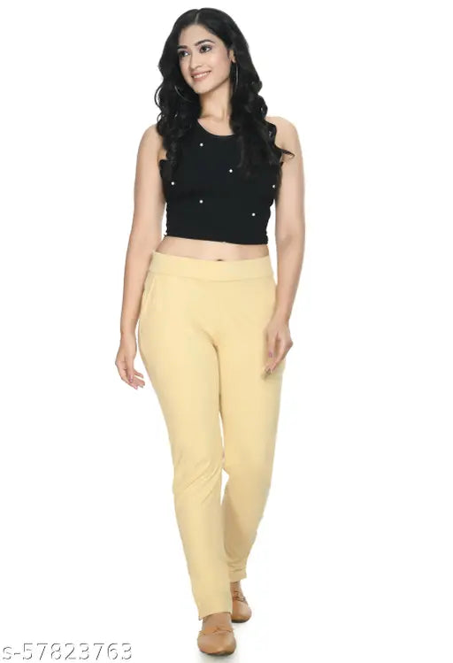 Beige cotton jeggings by PREEGO - Stylish, glamorous women's pants for work and play, size 28/30/32/34, made in India