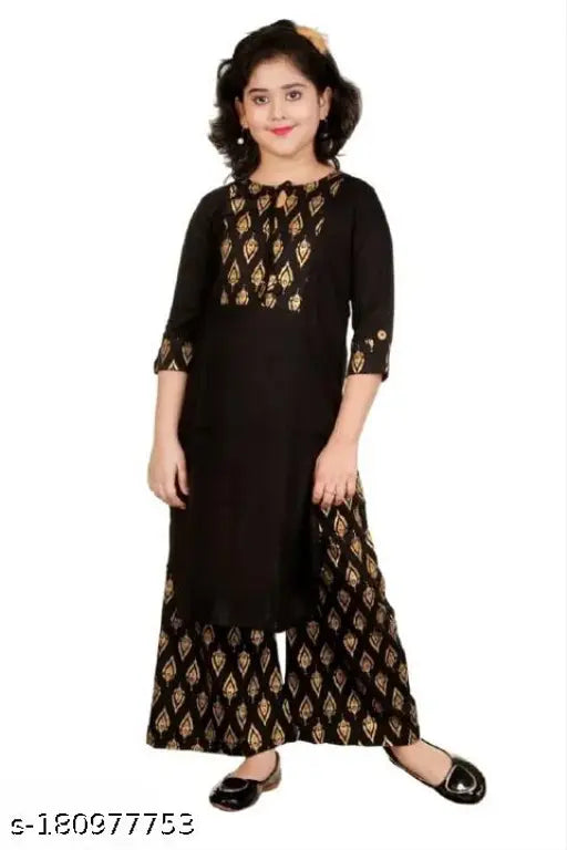 Black rayon kids' kurtas & palazzos with printed pattern, floor length, three-quarter sleeves. Suitable for 8-13 years. Indian origin