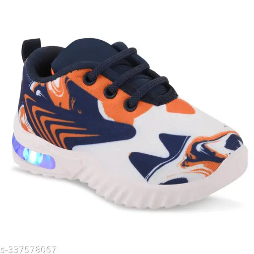 Lightweight, casual, Led Velcro outdoor sports shoes with an orange hue and a white sole for a little kid