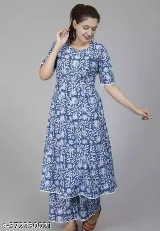 Blue pom-pom embroidered Plazzo Kurta, Indian women's fashion in sizes L(40"), XL(42"), XXL(44"), XXXL(46")