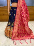 11-12 years kids' Jacquard Art Silk choli with zari woven pattern, three-quarter sleeves. Indian semi-stitched Lehnega for festive wear