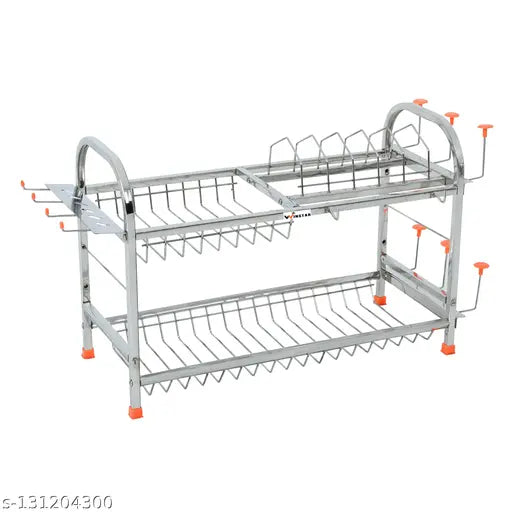 Metal wall-mounted kitchen rack, 2 shelves, stainless steel finish, plate rack, utensil stand
