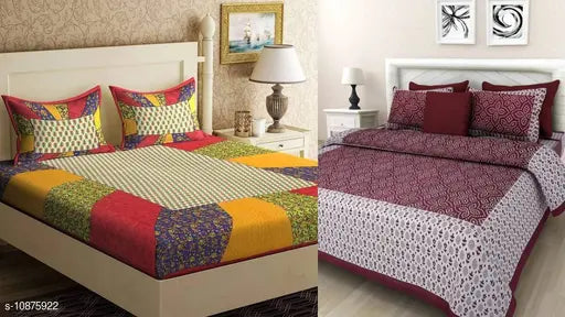 Best cotton 2 double bed sheet set with 4 pillow covers, high thread count (144), queen size (93 x 83 inches), made in India
