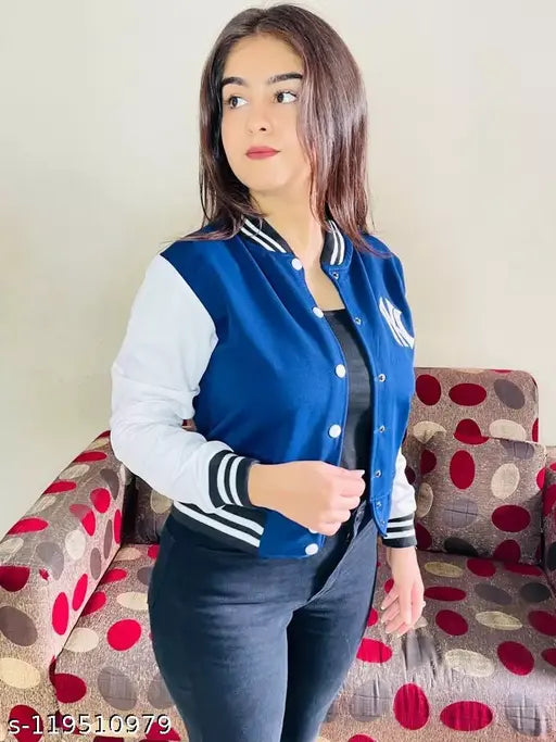 Navy printed net long sleeve solid cotton jacket, women's elastodiene jacket with ribbed cuffs and hem, versatile for casual or semi-formal wear