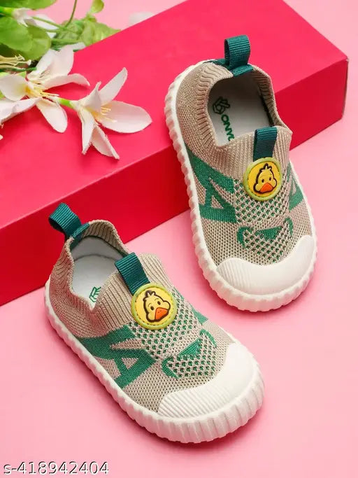 Beige and green unisex ducky toddler shoes - cotton & PVC woven design, slip-on net, perfect for early adventures #ComfortableBabyShoes #StylishFirstStepShoes #NonSlipBabyShoes #IndiaMade
