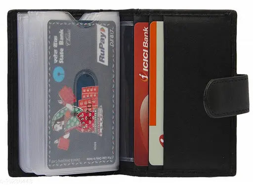 Genuine black leather RFID blocking card holder (18 slots), ideal for both men and women in business or casual settings