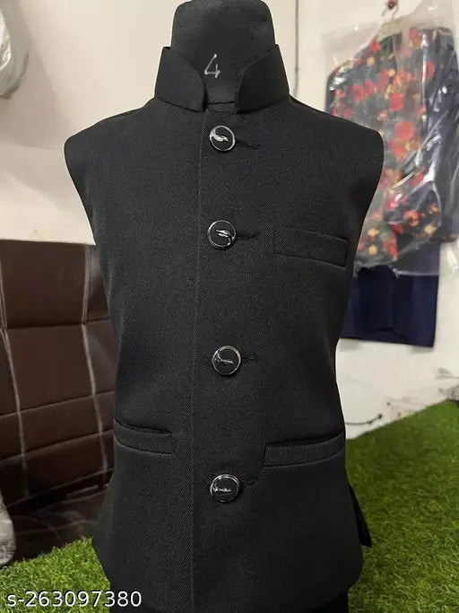 Dark navy blue satin fabric waistcoat, Jawahar cut, with a button closure