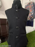 Dark navy blue satin fabric waistcoat, Jawahar cut, with a button closure