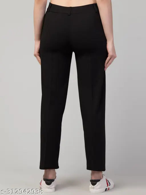 Cotton-lycra Tiger Style Simplicity straight fit pants for women and girls, solid net, elegant wardrobe essential from India