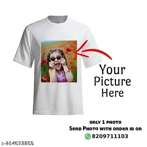 Customized white half sleeve polycotton T-shirt with personal photo print, ideal for men's birthdays and more, short sleeves, size S to XXL