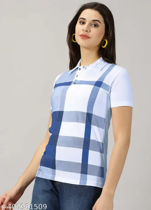 Purple cotton blend checked polo t-shirt for women, perfect summer wear for casual outfits