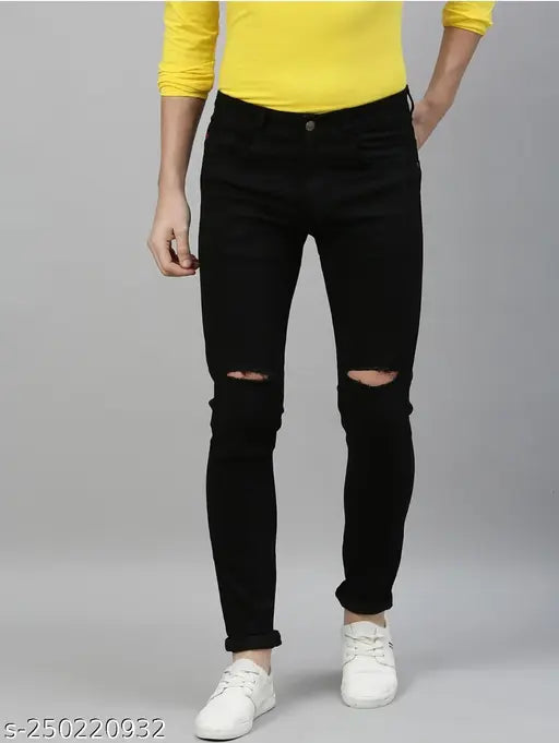Men's cotton blend knee-cut black jeans - comfortable, stretchable, and versatile for casual or special occasions. Sizes: 28, 30, 32. Made in India