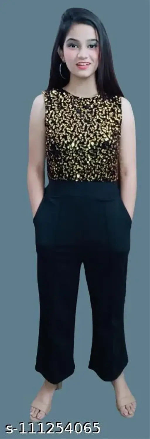 Stylish gold sequence cotton blend jumpsuit, embellished net round neck on mannequin (India)