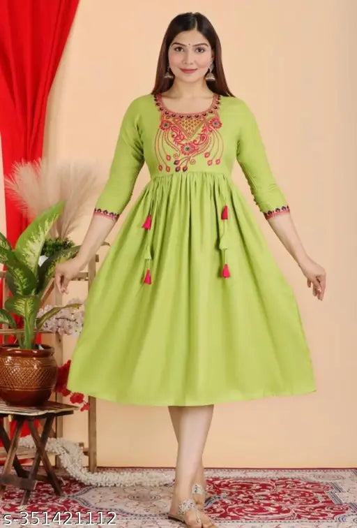 Green rayon embroidered kurta for women's partywear, daily use, festive, anarkali style