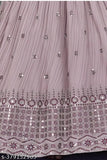 Light purple ethnic gown, embroidered net, three-quarter sleeves. Girls' polyester dress inspired by traditional Indian designs for special occasions." (96 characters)