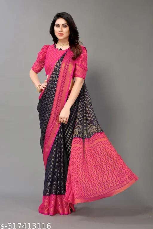 Golden Brasso chiffon saree with running blouse, Indian hand-woven zari pattern