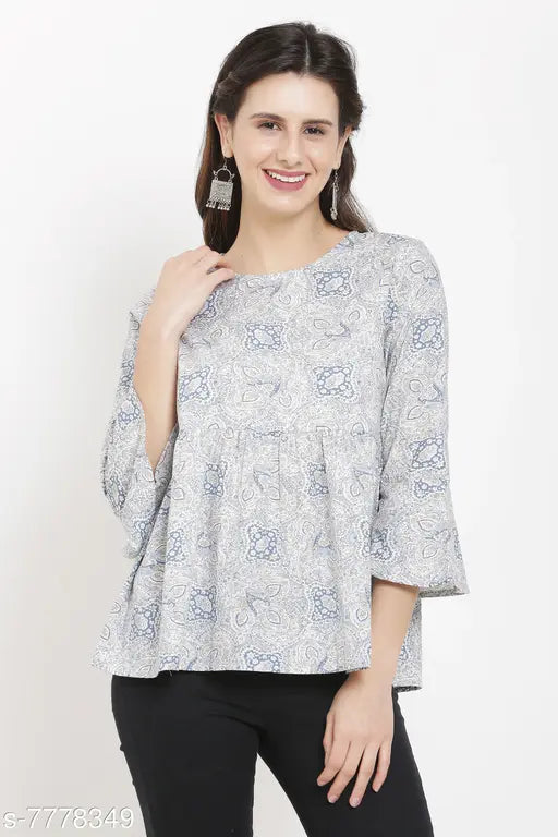 White printed cotton bell sleeve top, three-quarter sleeves, cotton fabric, Indian fashion apparel