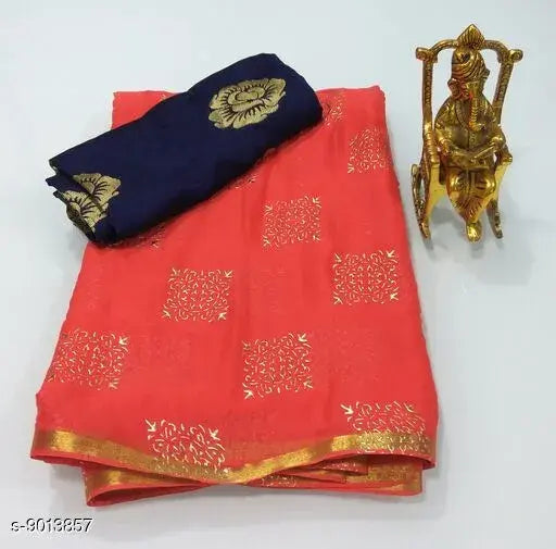 Beautiful chiffon saree with printed net design, free-size, Indian origin
