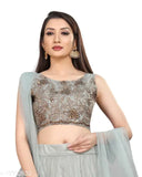 Grey nylon net zari work floral party lehenga choli with embroidered dupatta, semi-stitched Indian traditional wear for festive occasions