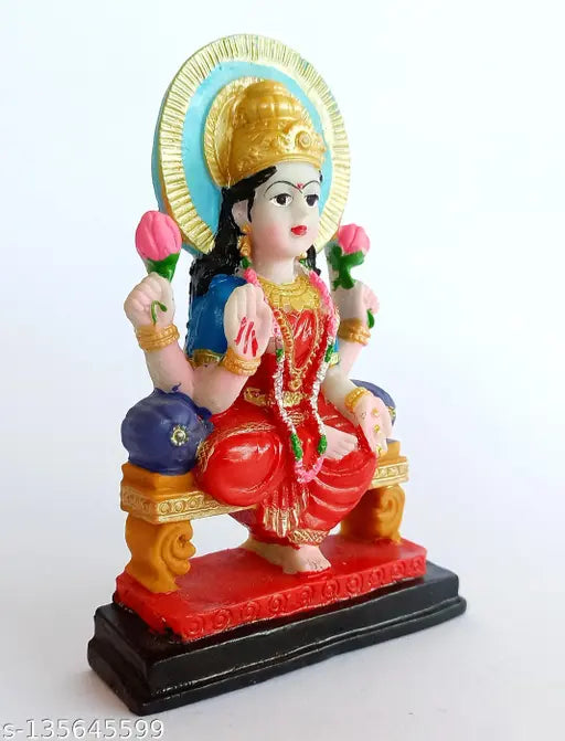 Marble dust statue of Lord Laxmi, idol figure with 4 arms seated on a bench, 13x10x3cm, Ajmer toys and gifts point