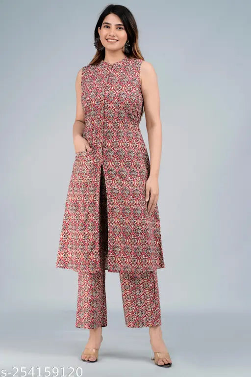 Cotton kurta palazzo set, printed net for women, Indian fabric, sleeveless design
