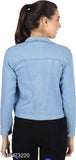 Light blue denim solid cotton jacket for girls, full sleeve length, solid pattern, Made in India