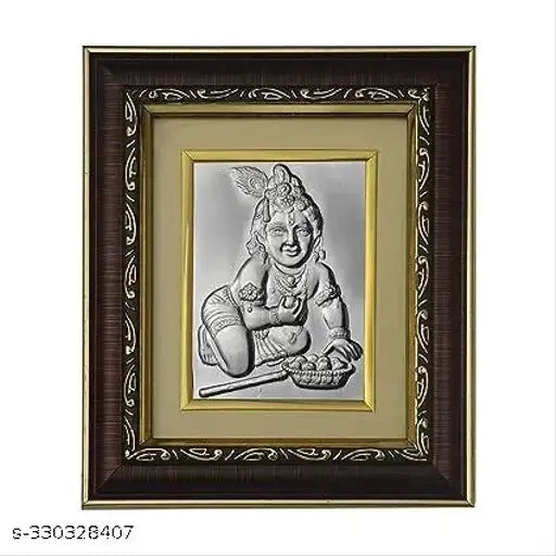 Silver-plated Ladu Gopal Ji photo frame, 16cm x 15cm for home temple decor, Indian Krishna idol