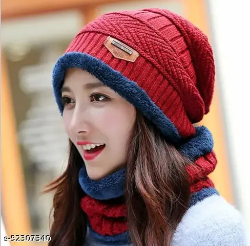 Red winter cap and scarf set, fur lining, unisex design