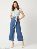 Blue crepe Miss Chase women's print jumpsuit with multicolor floral pattern, round neck, short sleeves, and waist tie-up. Indian-made printed blue azure knotted jumpsuit for XS to XL sizes