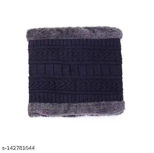 Snow proof inside fur wool unisex winter beanie cap with neck warmer set free size