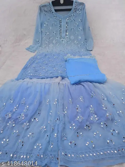 Lucknowi Chikan Omre Dual Set, Blue Embroidered Fabric with Silver Trim, Saree and Blouse