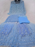 Lucknowi Chikan Omre Dual Set, Blue Embroidered Fabric with Silver Trim, Saree and Blouse