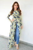 Rayon kurti, green floral print, long sleeves, front zip closure