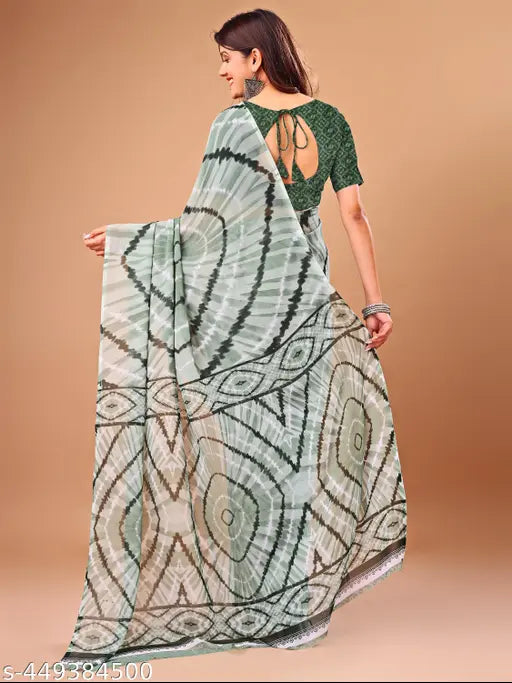 Leelavati attractive design printed chiffon saree with matching blouse, Indian daily wear fashion